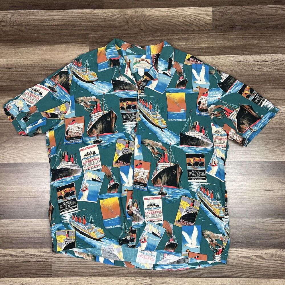 Vintage Paradise Found Hawaiian Vacation Steamboats Postcard Rayon Shirt Sz XL